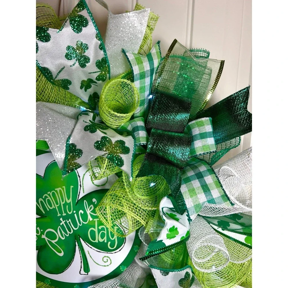 Handmade Happy St. Patrick’s Day Ribbon Prelit Wreath 22 ins LED W11